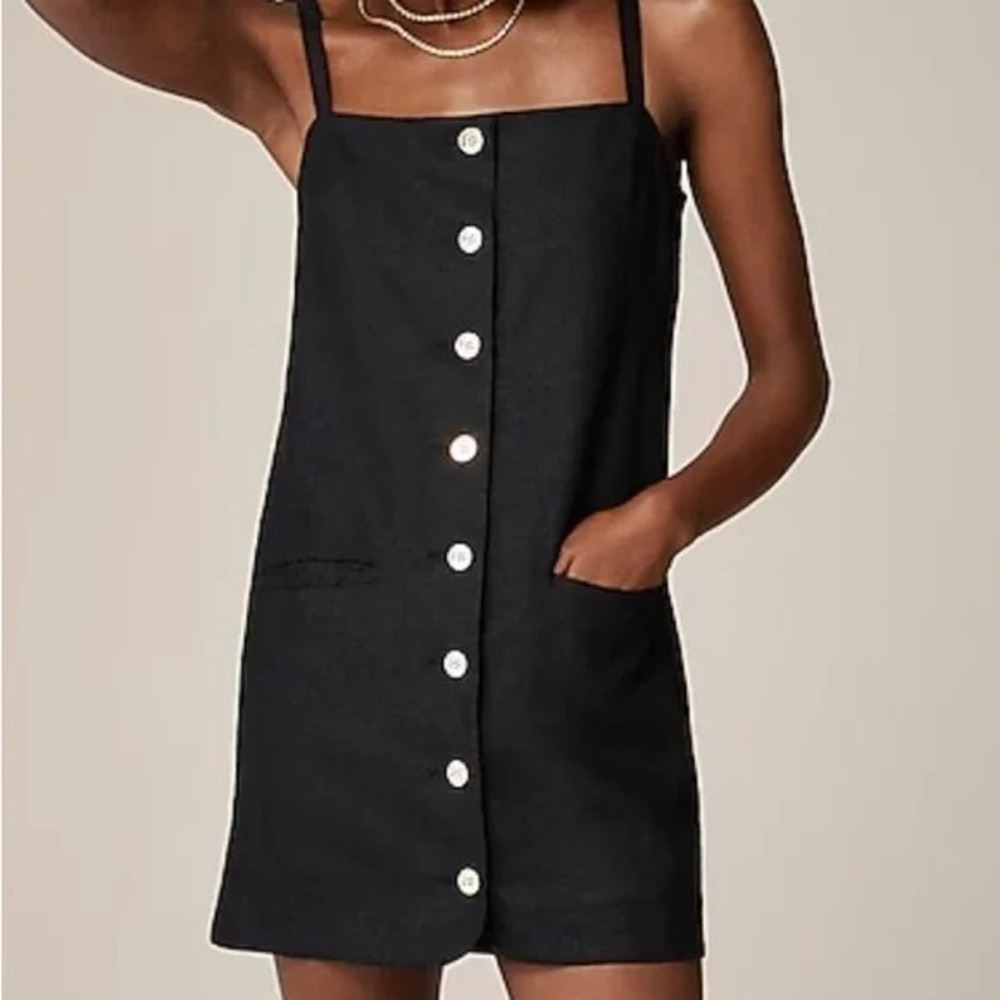 JCrew Claudia Dress Black 100% Linen Button Front Preppy Classic Sz M READ B43